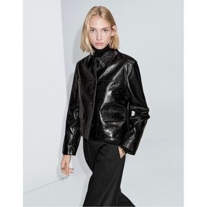 NWT Massimo Dutti Black Nappa Leather Cropped jacket size Small